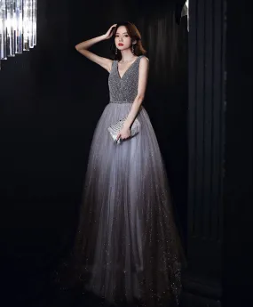 Shiny Aline Gray Tulle V Neck Sequin Long Prom Dress, Gray Formal Dress