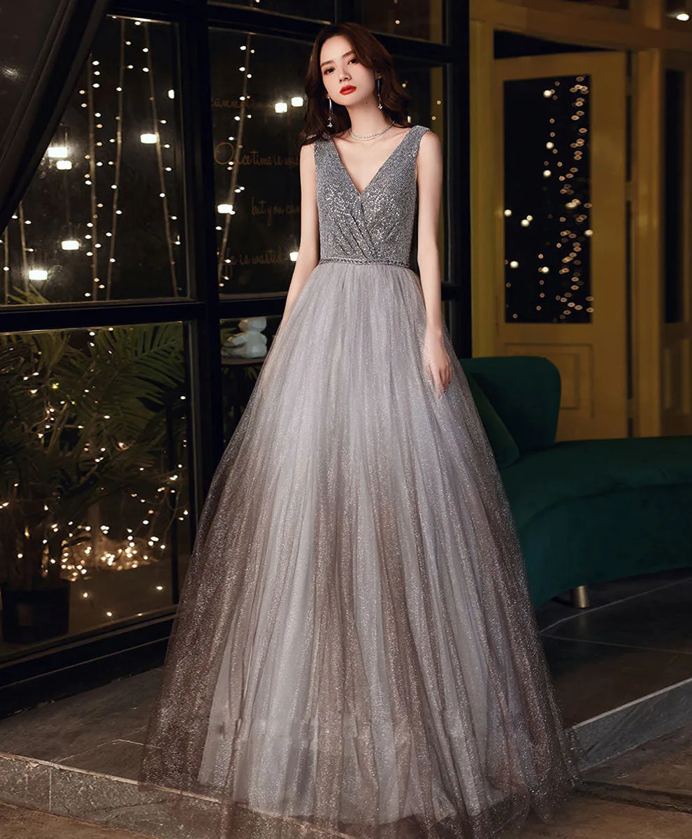 Shiny Aline Gray Tulle V Neck Sequin Long Prom Dress, Gray Formal Dress