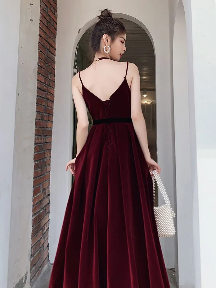 Simple Burgundy Velvet Long Prom Dresses, Burgundy Long Formal Graduation Dresses