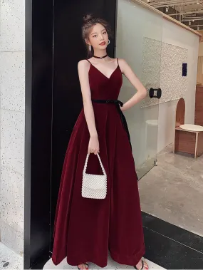 Simple Burgundy Velvet Long Prom Dresses, Burgundy Long Formal Graduation Dresses