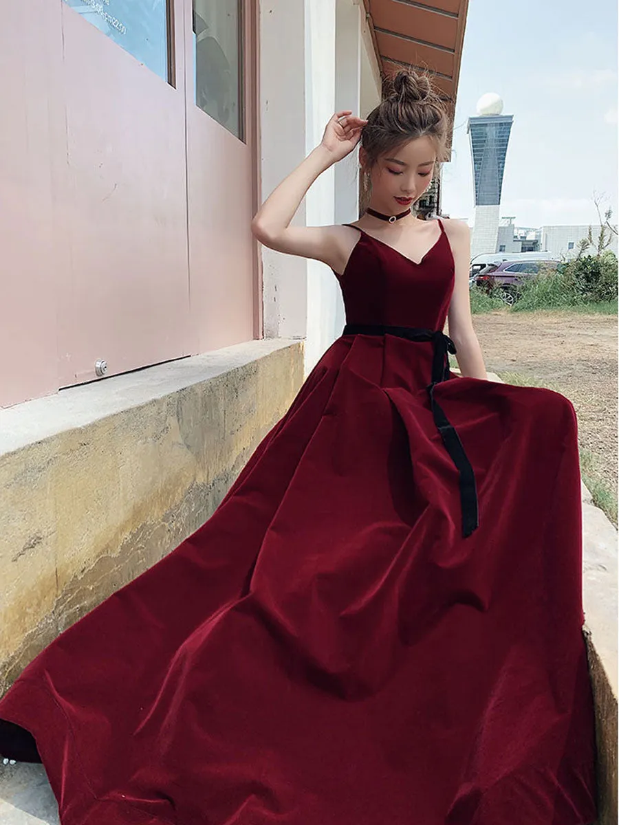 Simple Burgundy Velvet Long Prom Dresses, Burgundy Long Formal Graduation Dresses