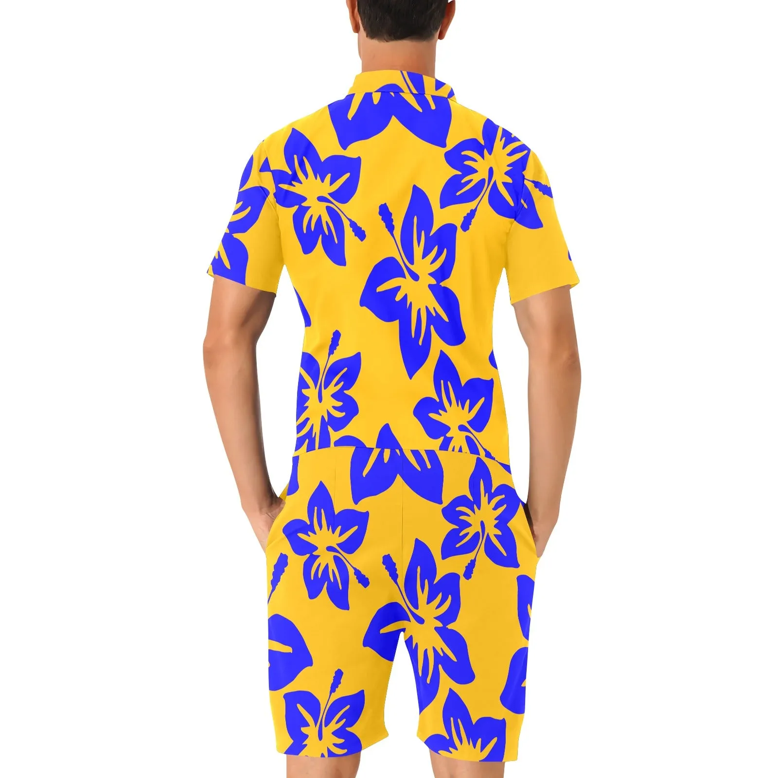 Sixty Eight 93 Logo White Hibiscus Blue & Orange Men's Short Sleeve Jumpsuit