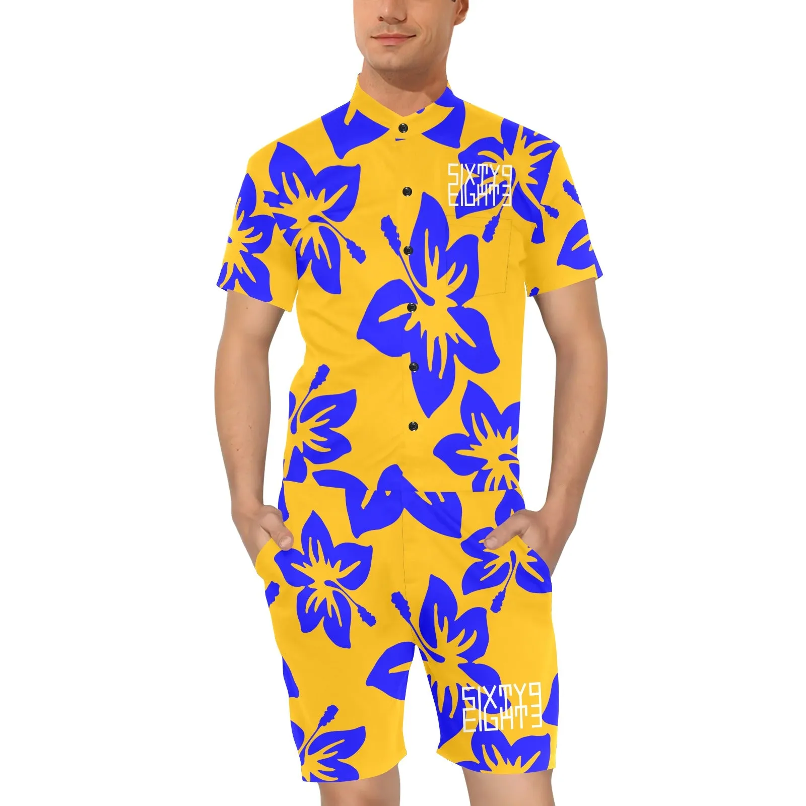 Sixty Eight 93 Logo White Hibiscus Blue & Orange Men's Short Sleeve Jumpsuit