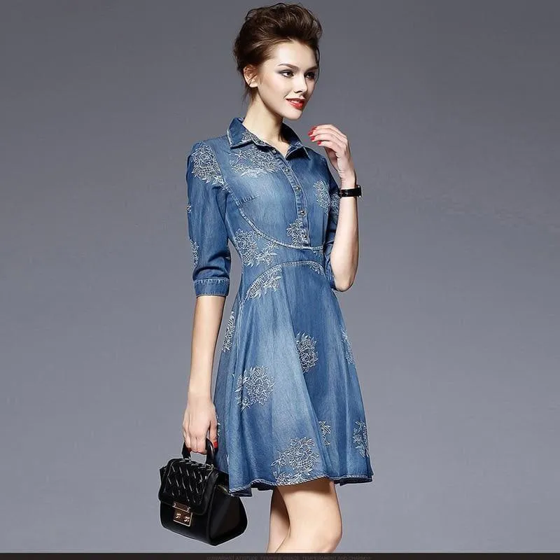 Slim V Neck Jeans Embroidered Party Woman Denim Mini Dress