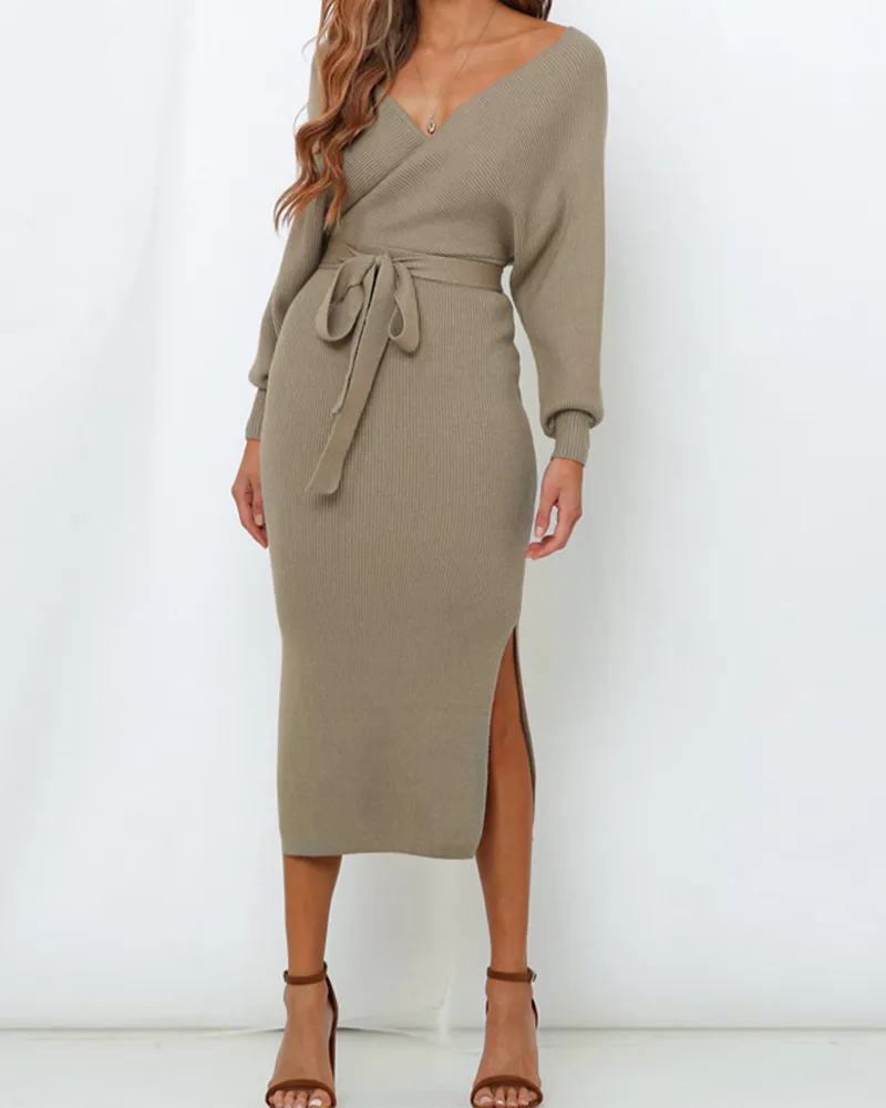 Slim V-Neck Knitted Dress