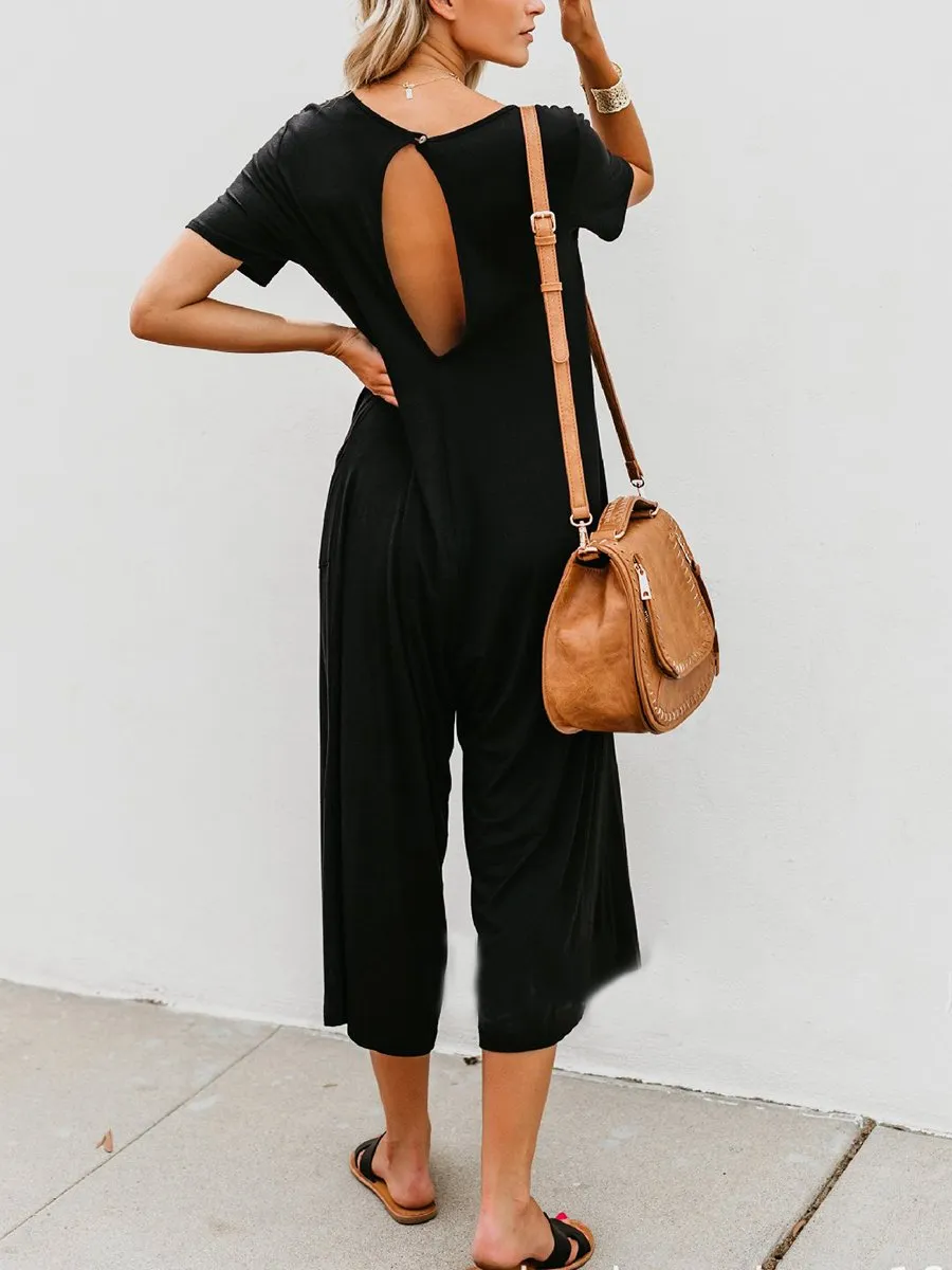 Solid Color Short Sleeve Loose Maternity Jumpsuit