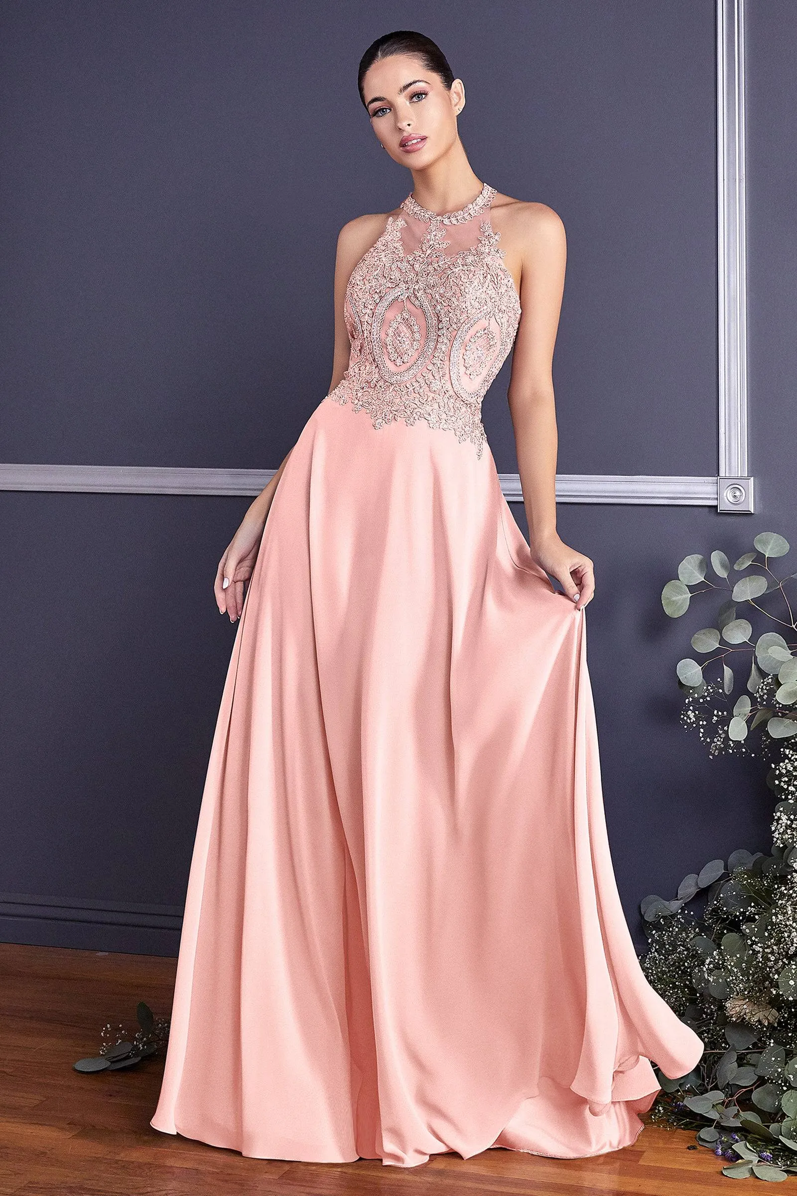 Stunning Long Gown with Embroidered Halter Top Neckline and Flowy Skirt #CDUJ0120