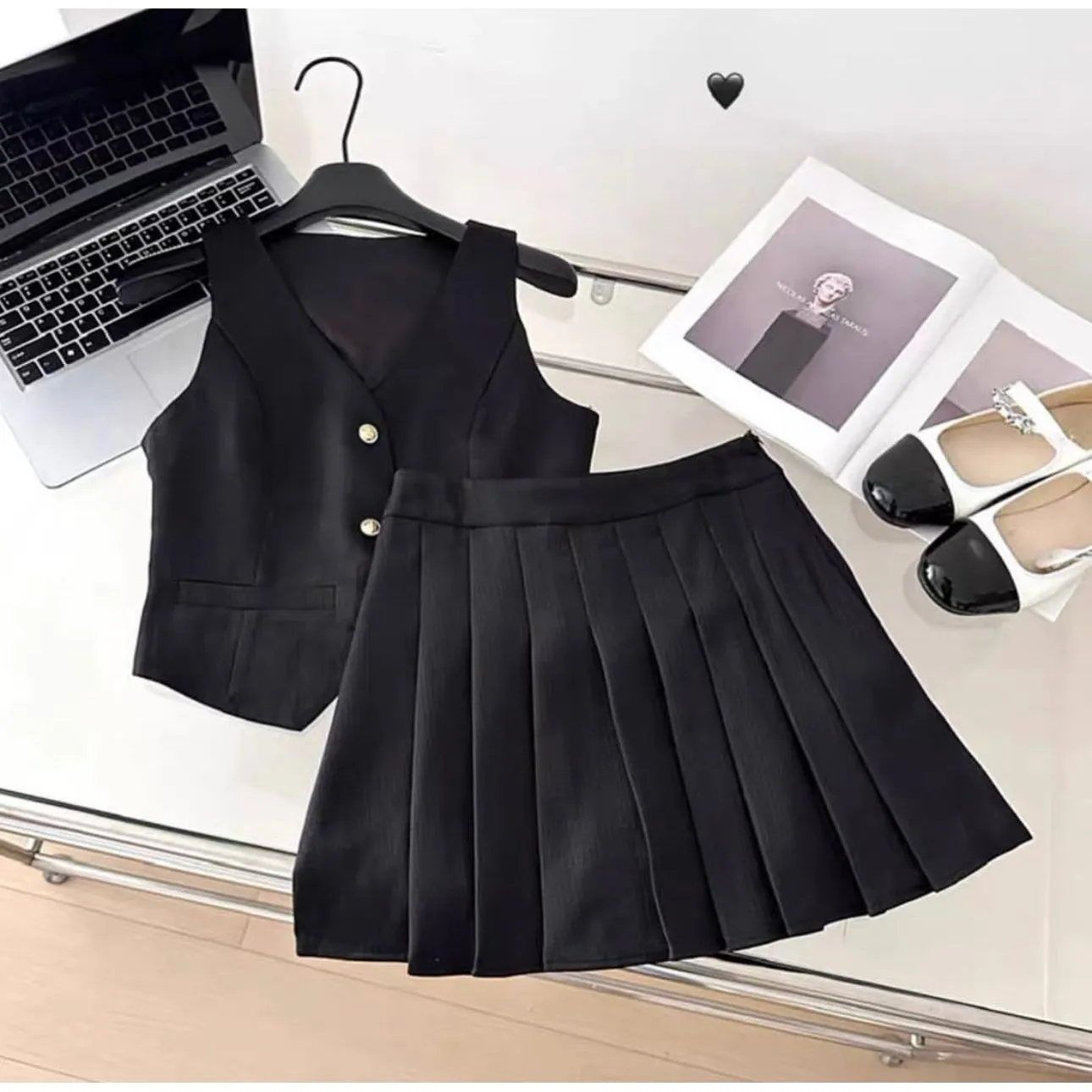 Suit Vest and pleated Mini Skirt Set