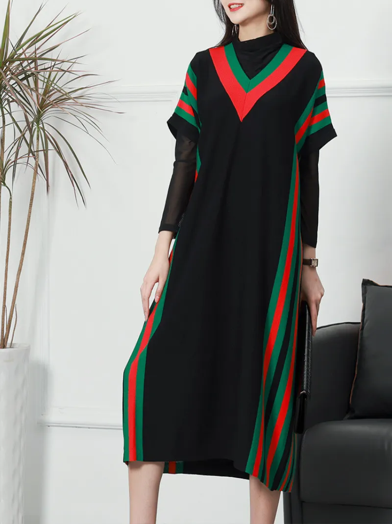 Summer New Stylish Striped Long Bat Sleeve Knitted Midi-Dress