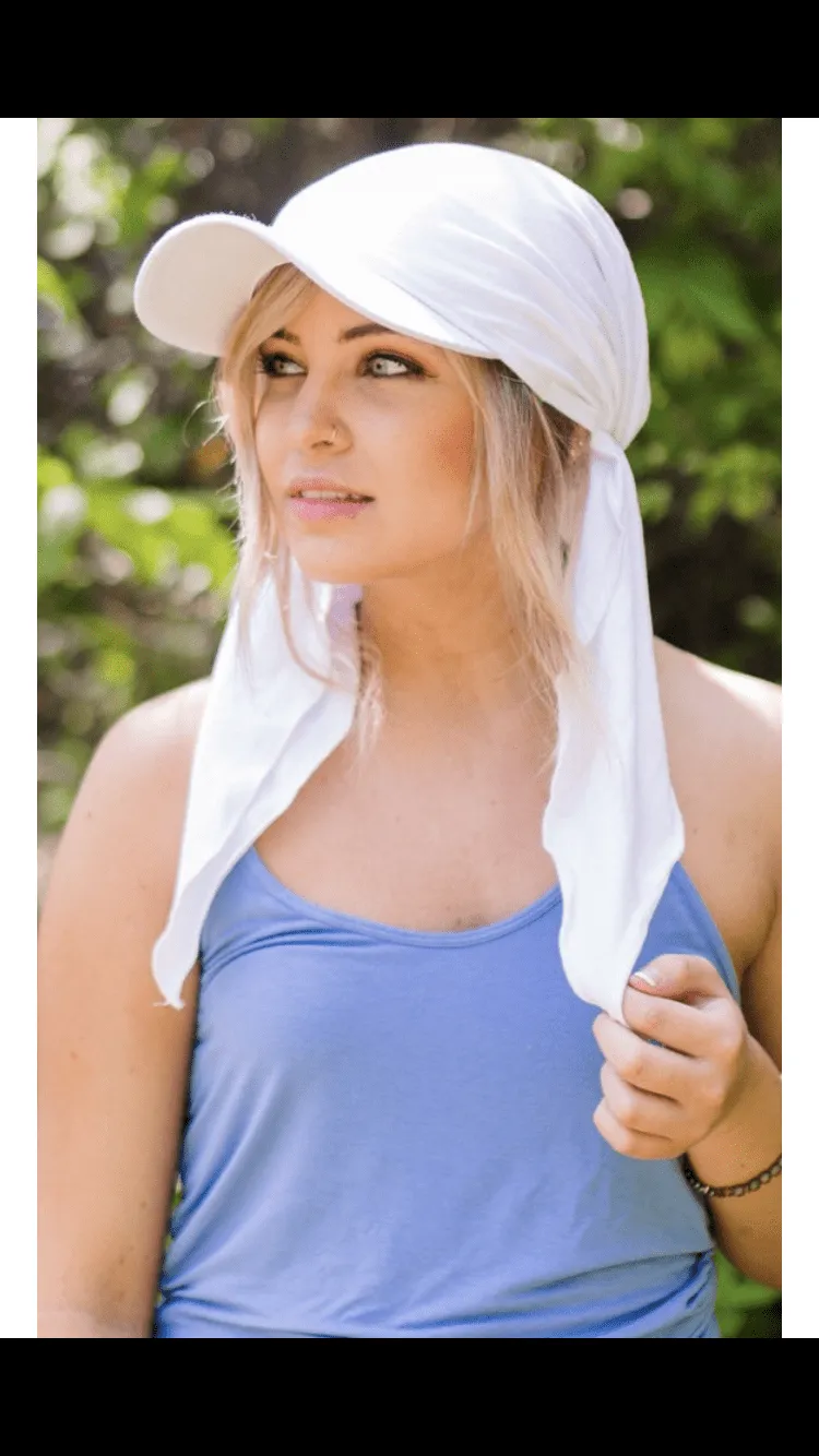 Tennis Hat | White Sun Hat Visor With Lycra Pre Tied Scarf Attached | Baseball Cap Hat | Made in USA by Uptown Girl Headwear