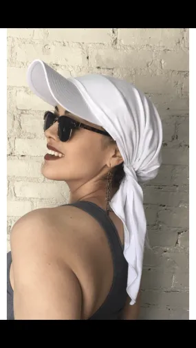 Tennis Hat | White Sun Hat Visor With Lycra Pre Tied Scarf Attached | Baseball Cap Hat | Made in USA by Uptown Girl Headwear