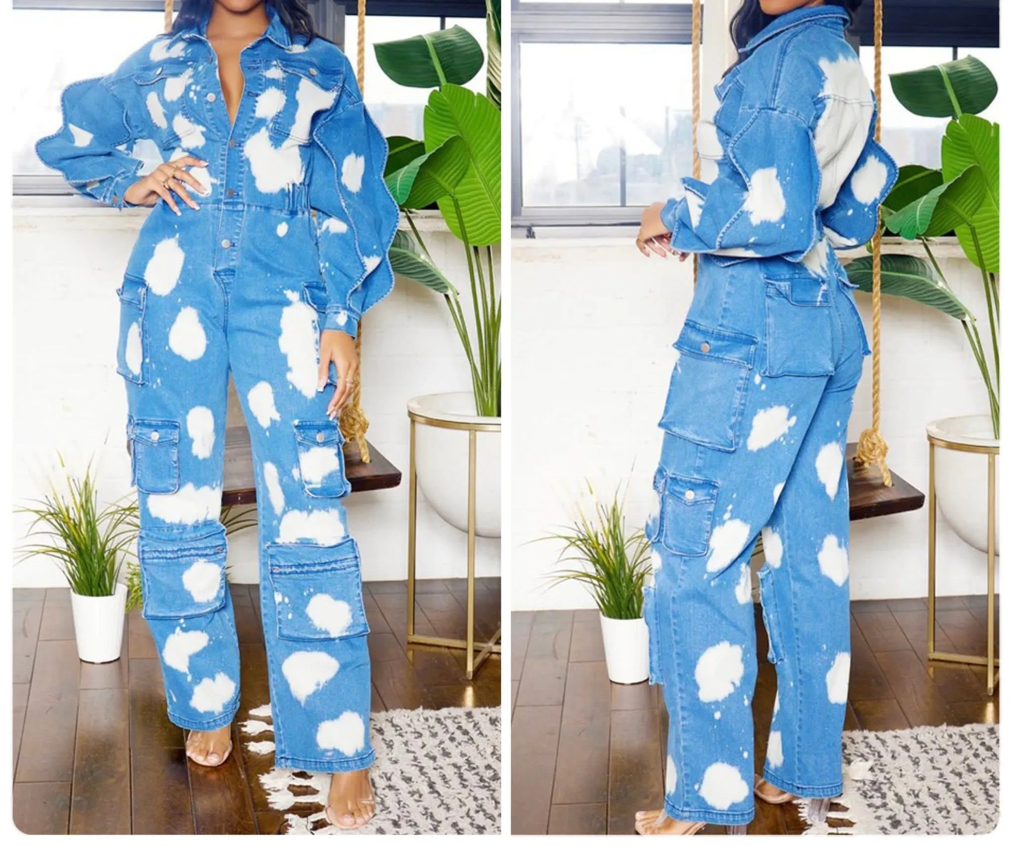 TIE DYE RUFFLE SLEEVE DENIM JUMPSUIT