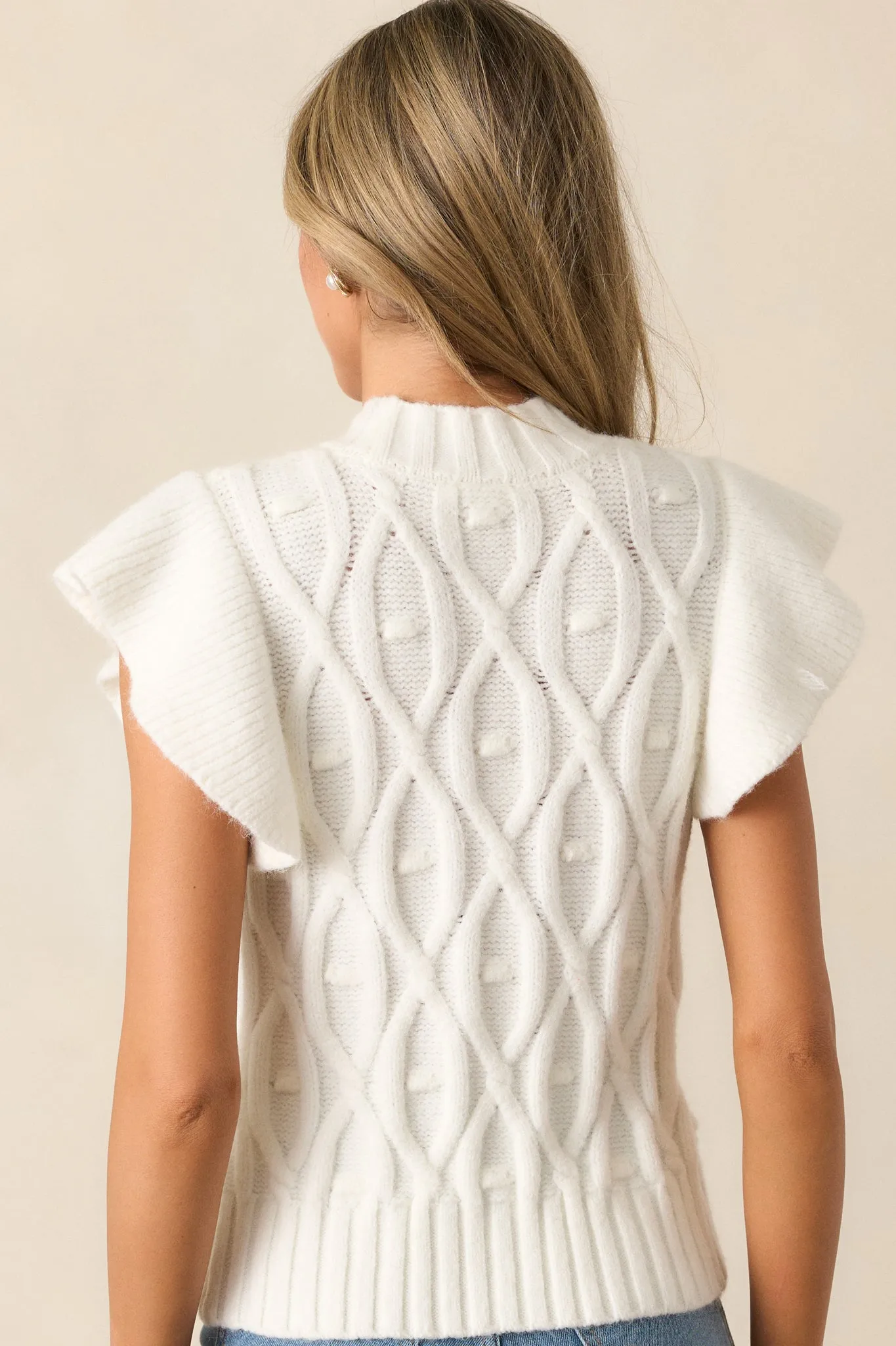 Timeless Anyways White Flutter Sleeve Cable Knit Sweater