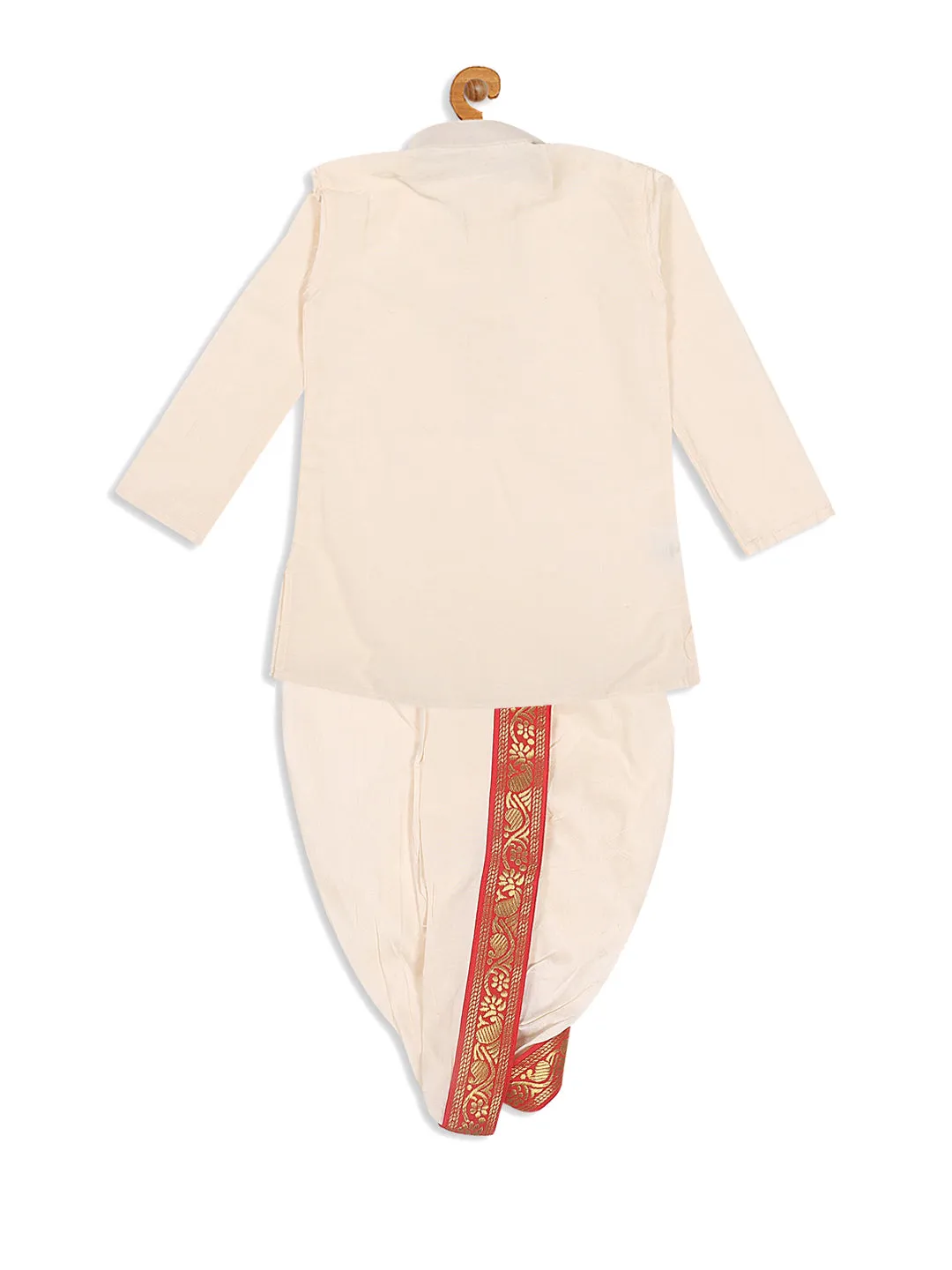 VASTRAMAY Boy's Cream-Colored Kurta With Dhoti Pants & Dupatta Set