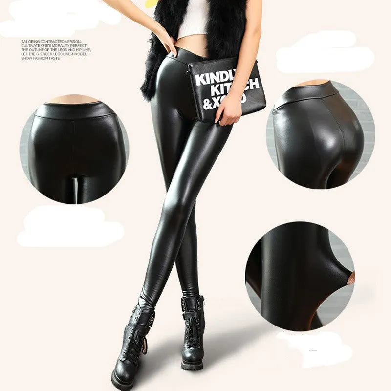 VenusFox Fashion Leather Fleece High Waist Leggings