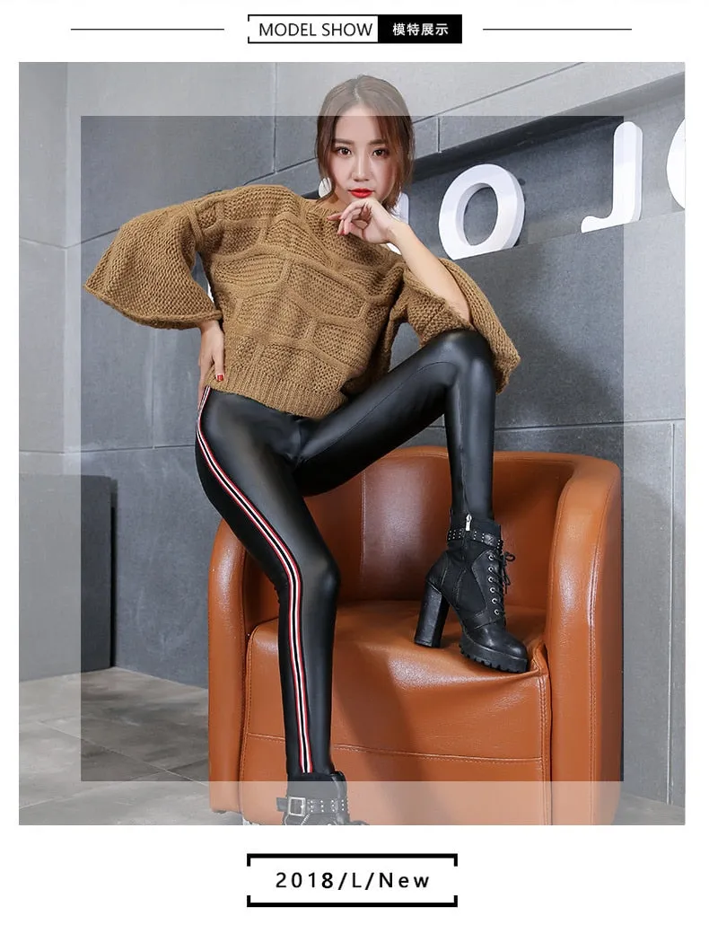 VenusFox Fashion Leather Fleece High Waist Leggings