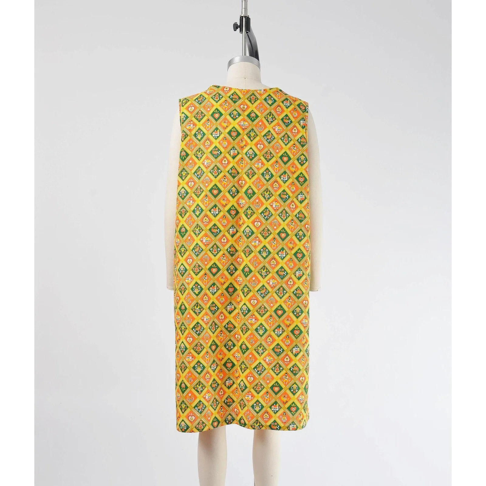 Vintage 60s Novelty Print Cotton Blend Folk Art Mod Smock Dress Yellow Green size M