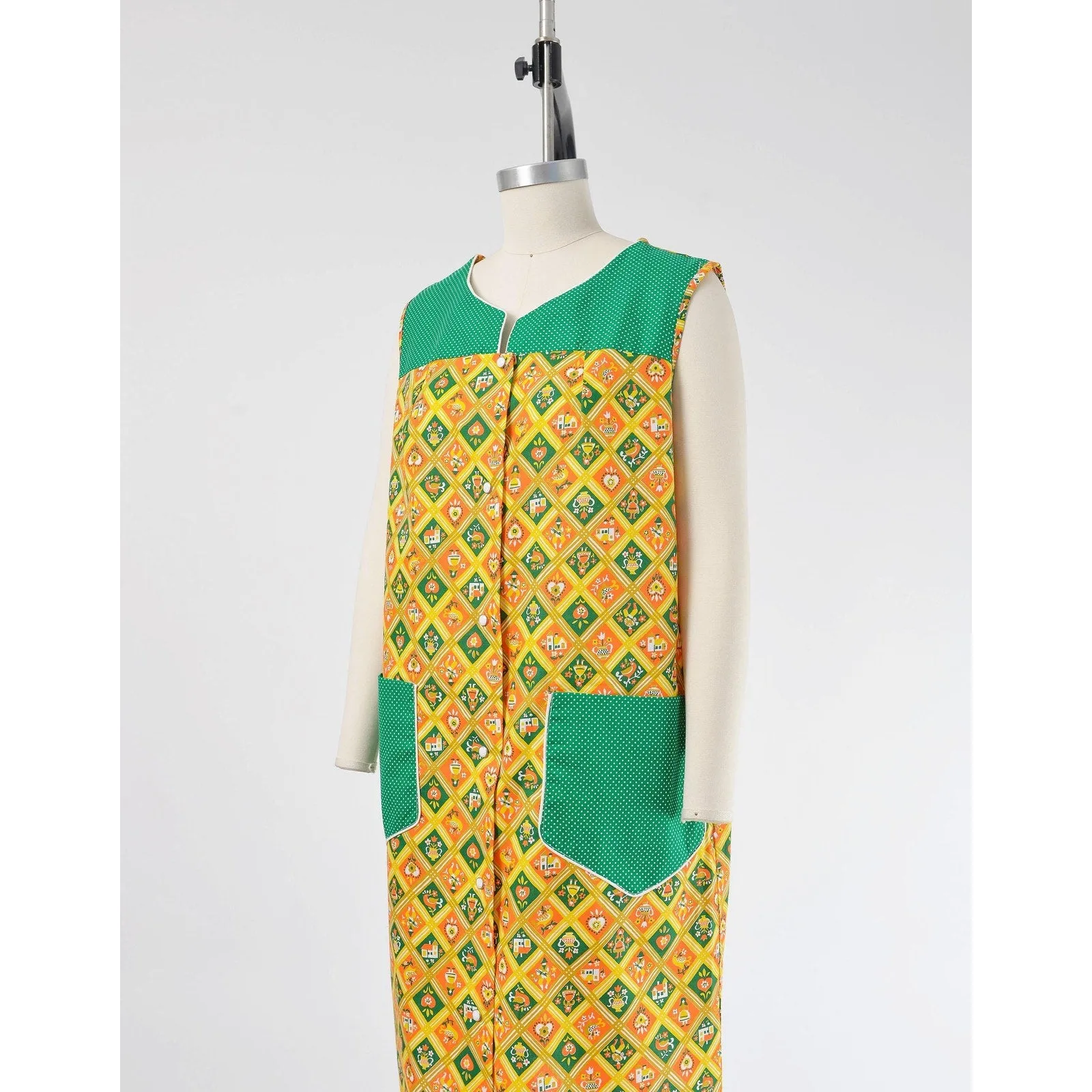 Vintage 60s Novelty Print Cotton Blend Folk Art Mod Smock Dress Yellow Green size M