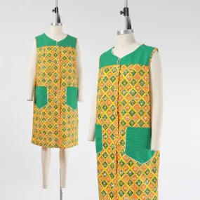 Vintage 60s Novelty Print Cotton Blend Folk Art Mod Smock Dress Yellow Green size M