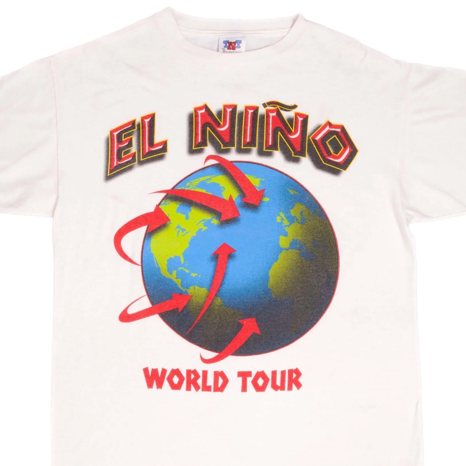 VINTAGE EL NIÑO Y LA NIÑA WORLD TOUR CLIMATE PATERN TEE SHIRT 1990S LARGE