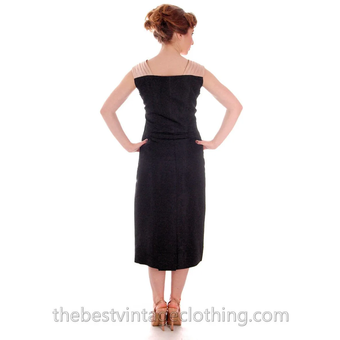 VTG 1950s MCM Wiggle Dress Black Silk & Beige Marilyn Monroe-ish L 40-28-40 LBD