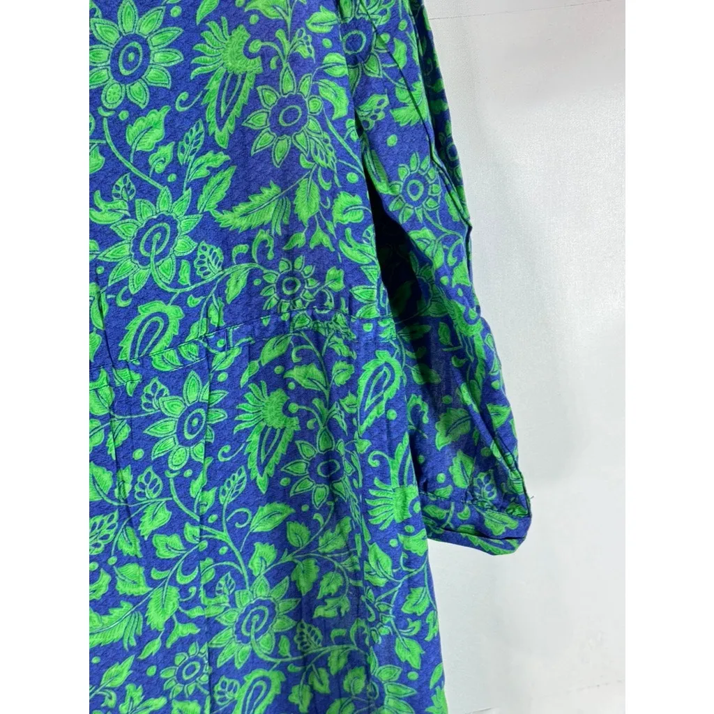 WHISTLES Women's Green/Blue Multi Valeria Henna 3/4 Sleeve Shirt Dress SZ L