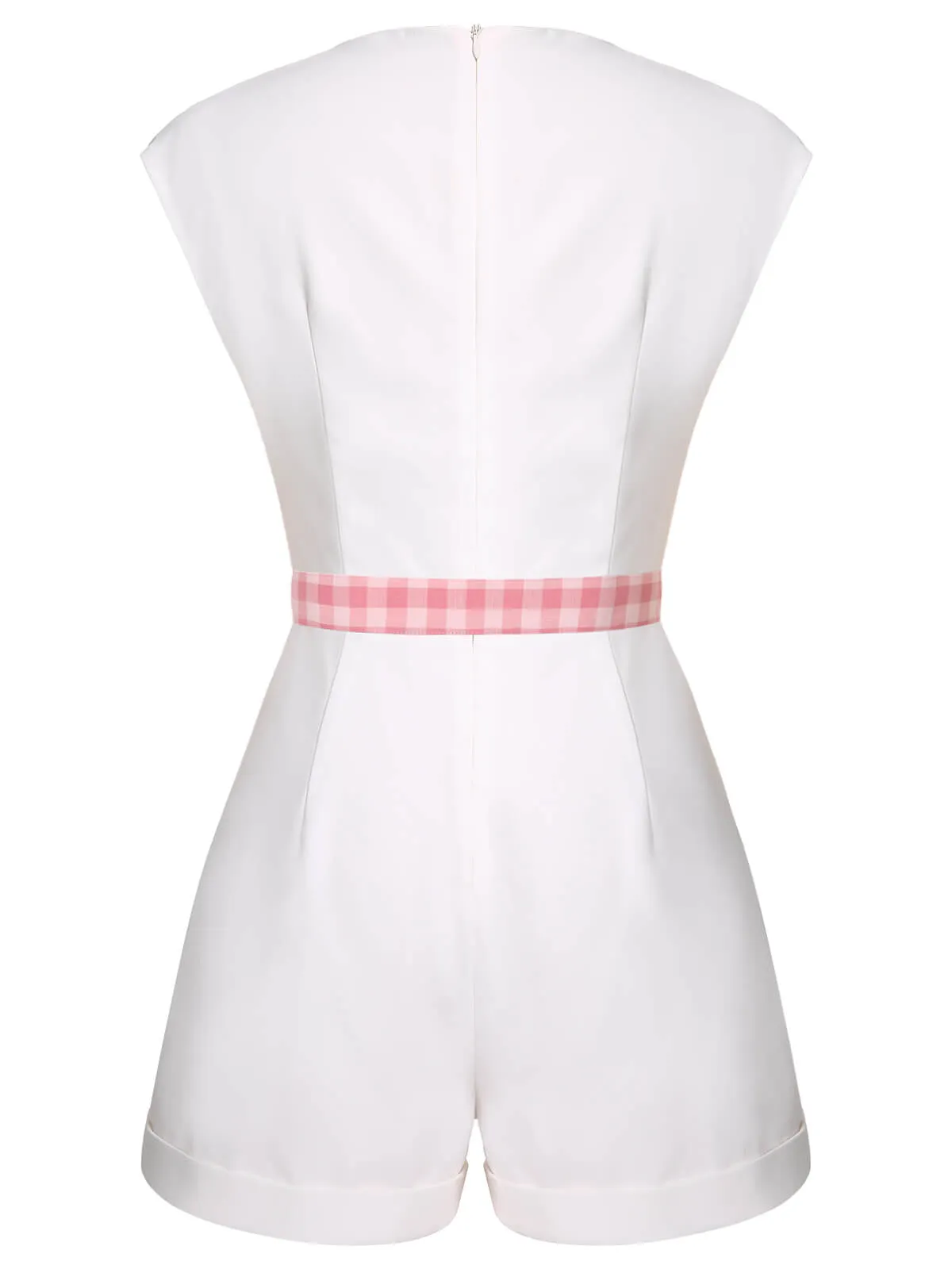 White & Pink 1950s Plaid Romper With Belt