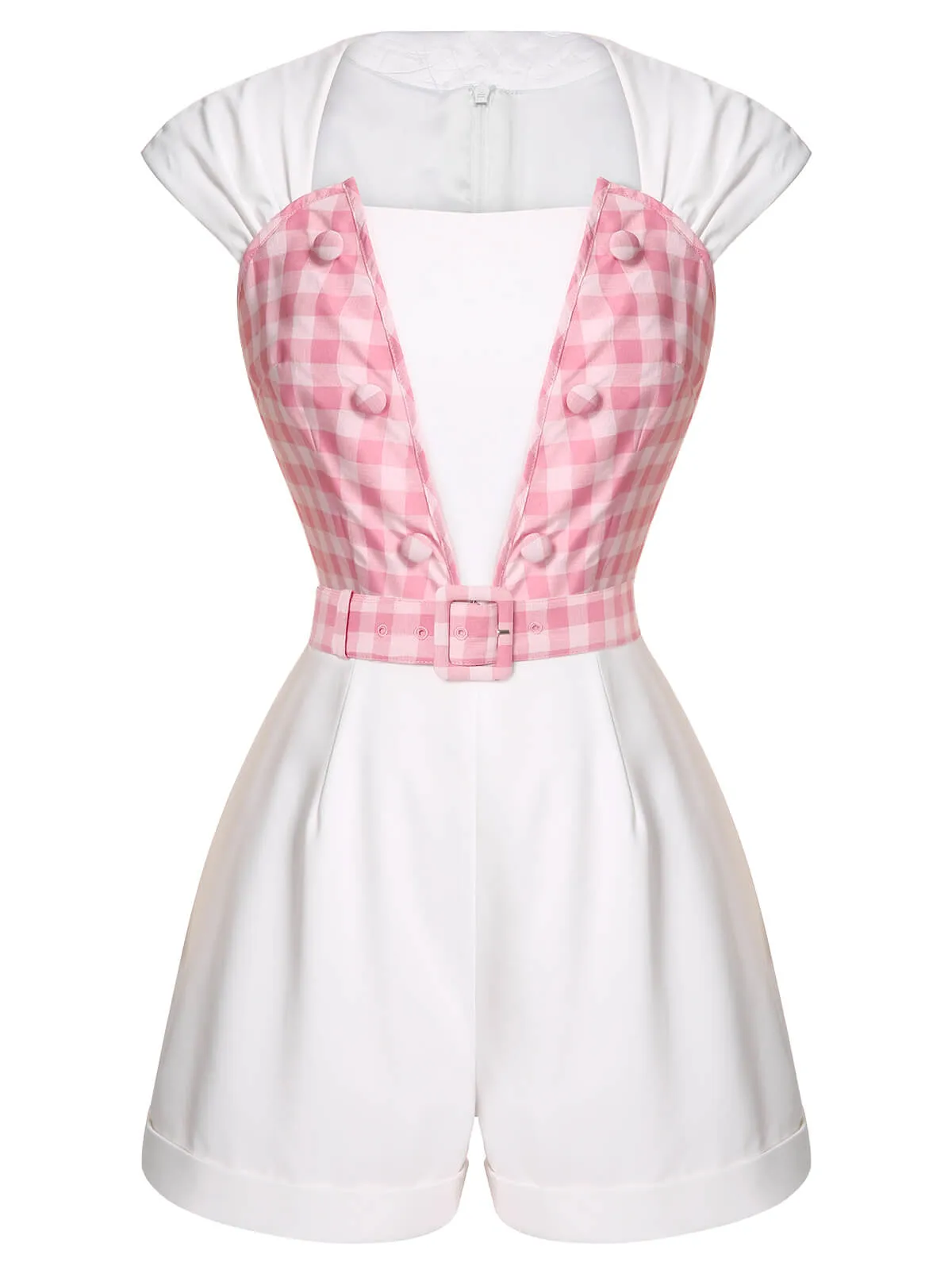 White & Pink 1950s Plaid Romper With Belt