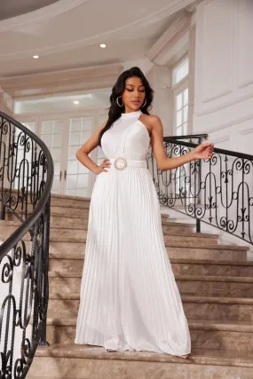 White Halter Pleated Jumpsuit