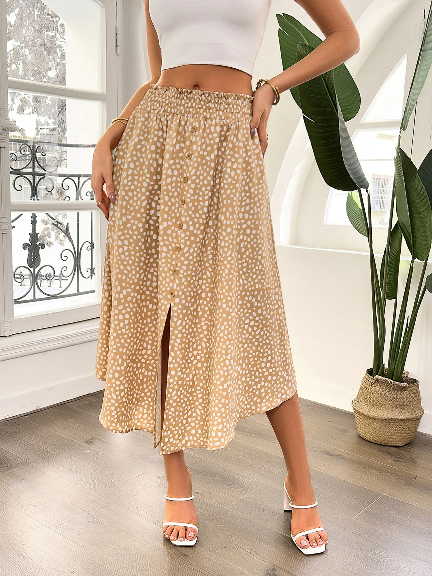 Women Front Slit Skirt High Waist Irregular Hem Below Mid-Calf A-Line Skirt