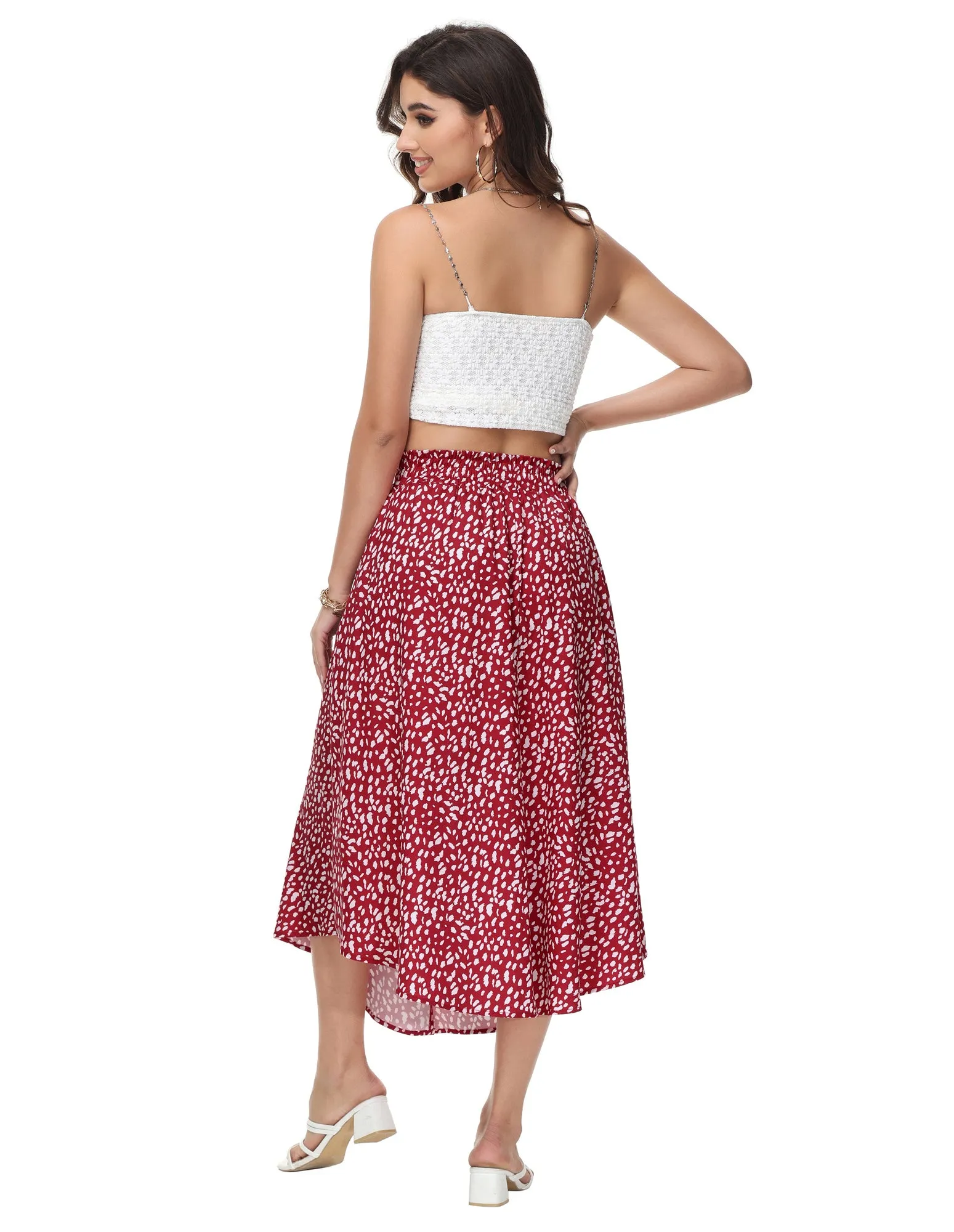 Women Front Slit Skirt High Waist Irregular Hem Below Mid-Calf A-Line Skirt