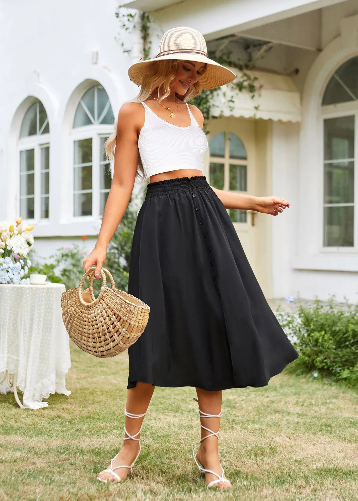 Women Front Slit Skirt High Waist Irregular Hem Below Mid-Calf A-Line Skirt