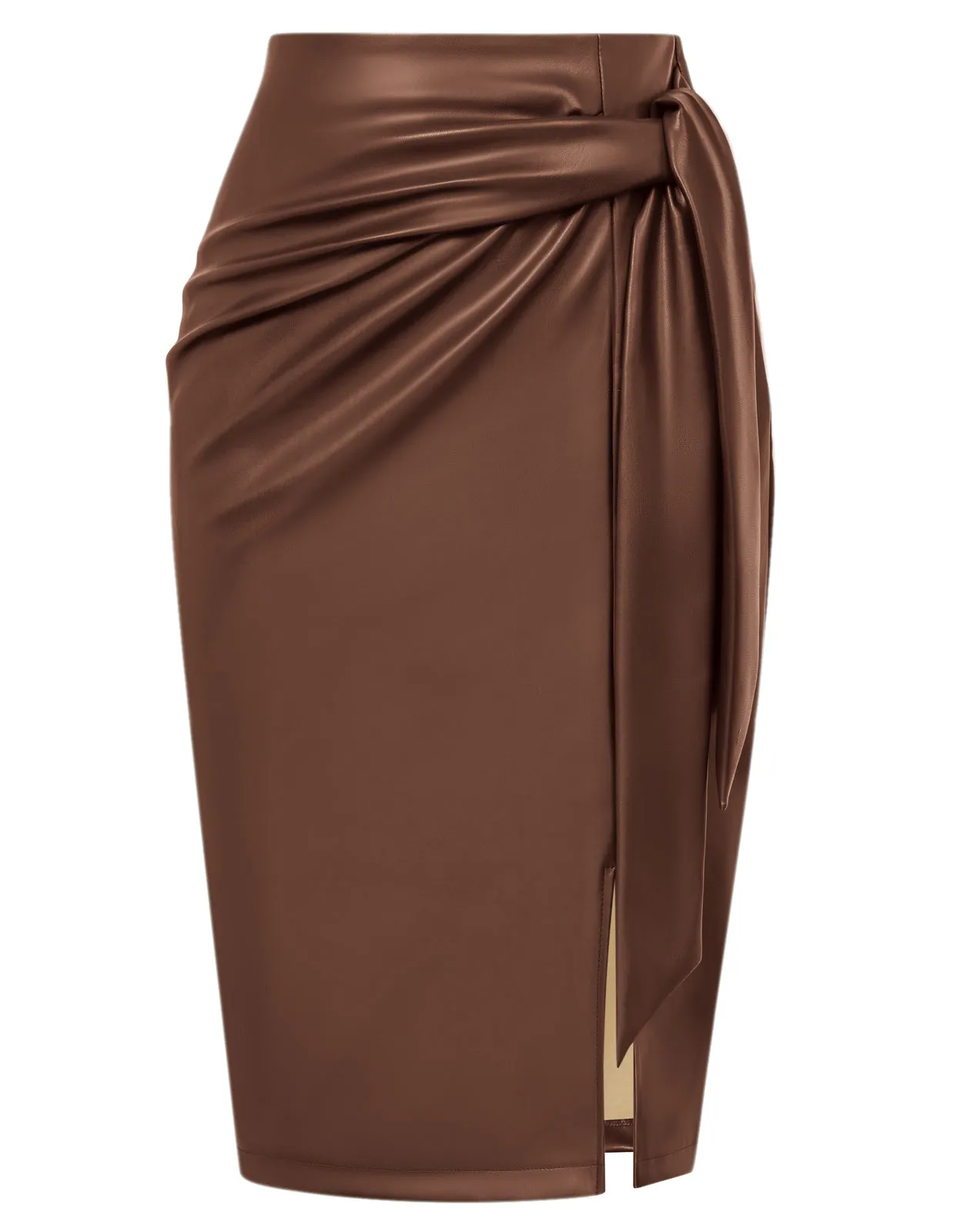 Women Polyurethane Leather Skirt OL High Waist Front Slit Bodycon Skirt