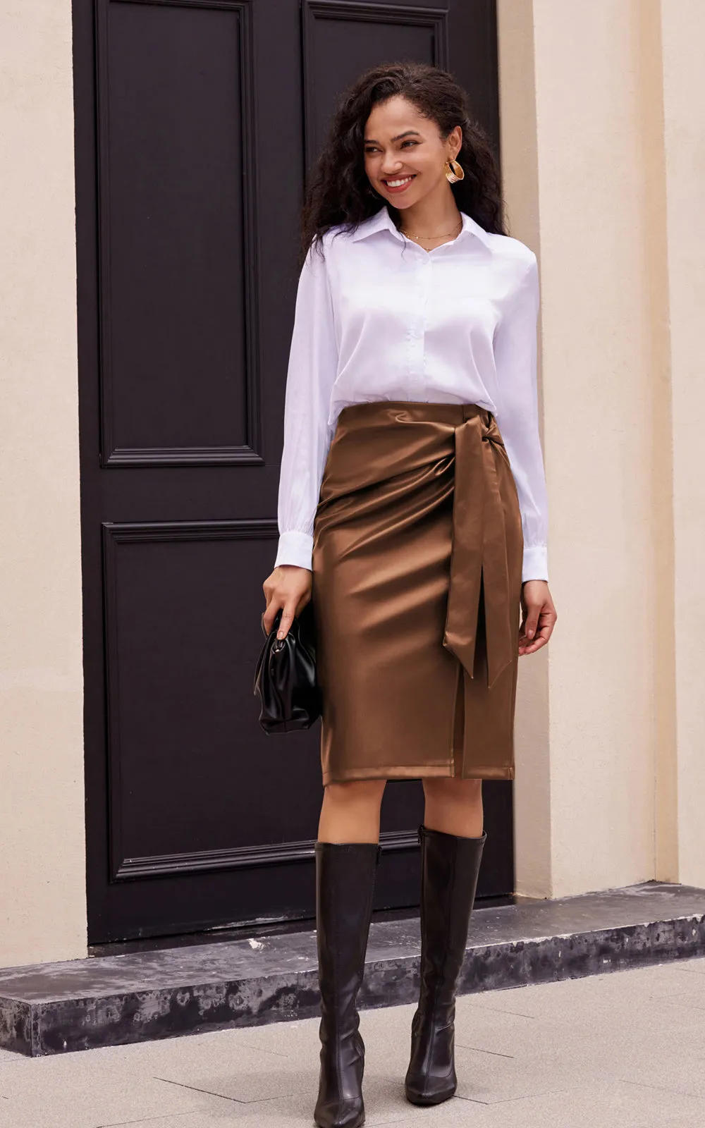 Women Polyurethane Leather Skirt OL High Waist Front Slit Bodycon Skirt