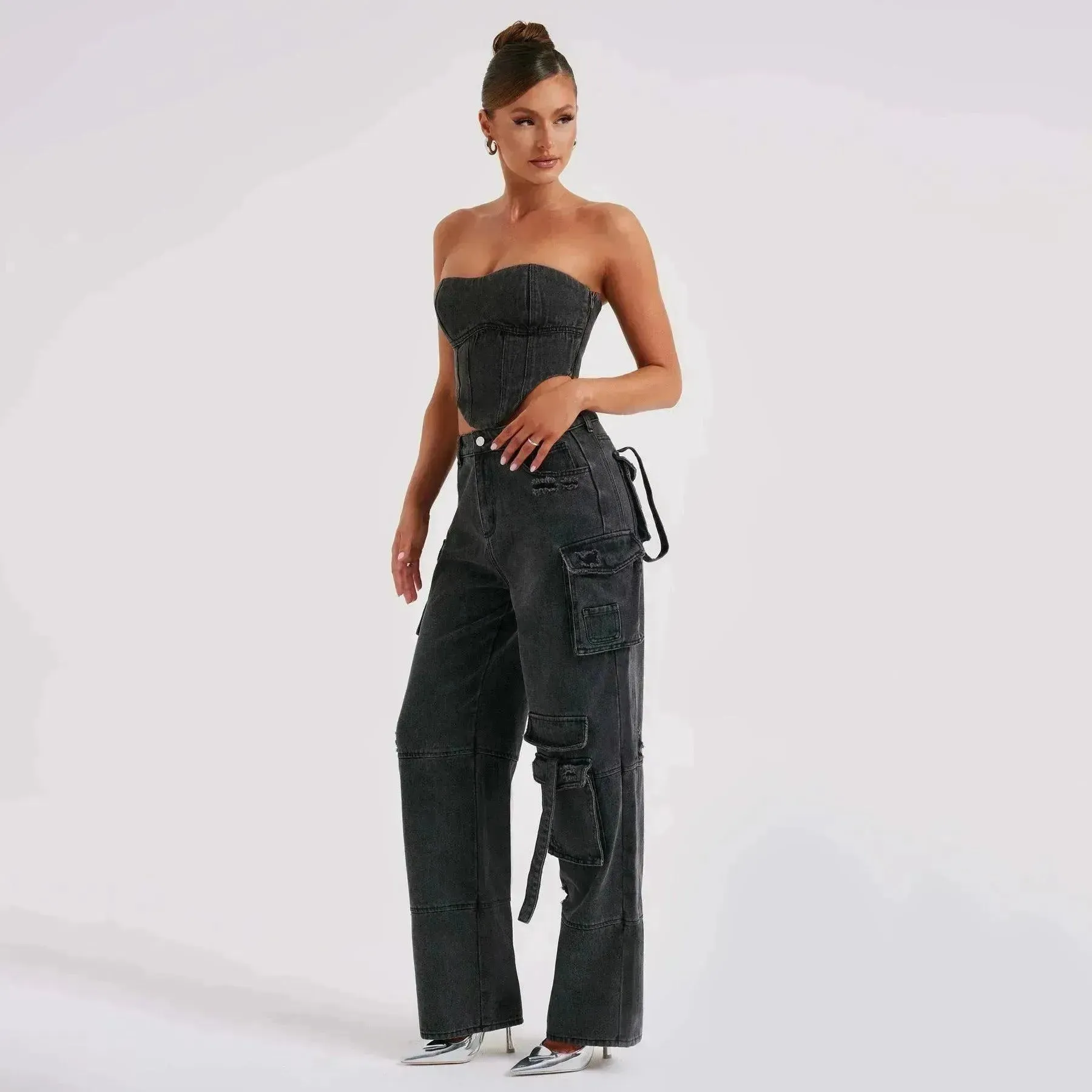 Women's American-style Low Waist Three-dimensional Pocket Stitching Jeans Denim Cargo Pant Trouser. Denim Outfit Set