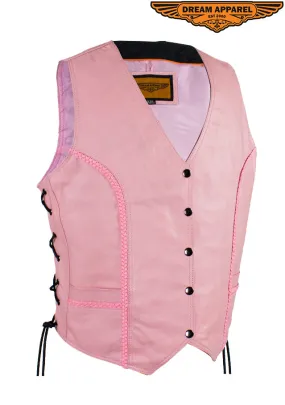 Women's Pink Longer Motorcycle Vest with Braid