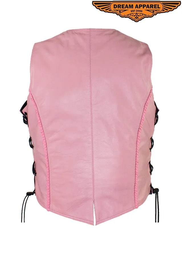 Women's Pink Longer Motorcycle Vest with Braid