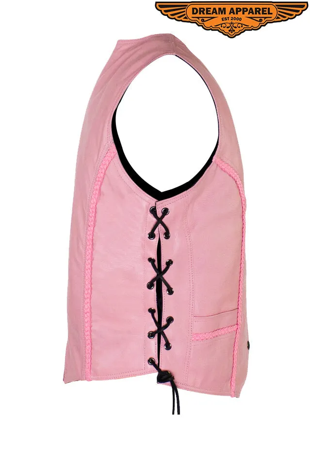 Women's Pink Longer Motorcycle Vest with Braid