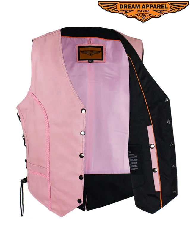 Women's Pink Longer Motorcycle Vest with Braid