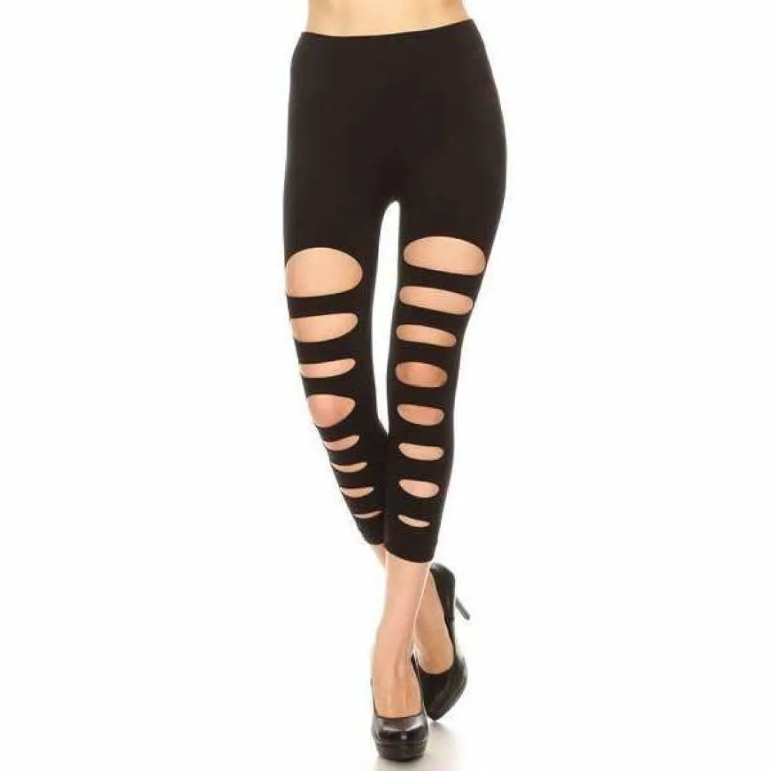 Yelete Ladies' Black Ripped Skinny Capri Leggings