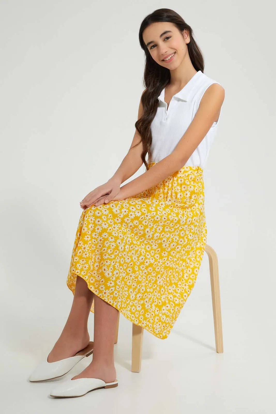 Yellow Floral Pleated Skirt